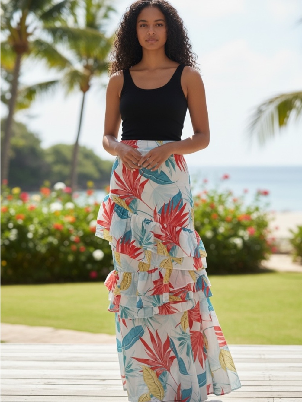 Tiered Tropical Print Maxi Skirt in White with Red, Teal & Yellow